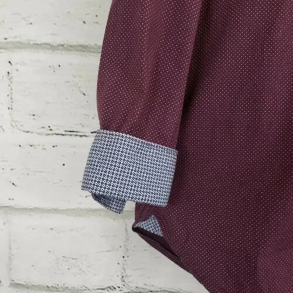 Society Of Threads Mens medium Flip Cuff Slim Fit stretch button up shirt maroon